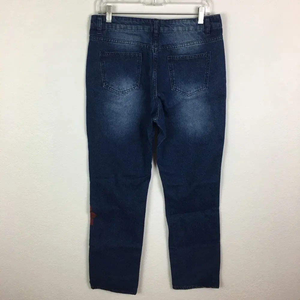 Mislook Floral Painted Tapered Leg Denim Medium